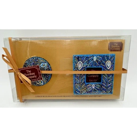 The Bombay Co Blue Peacock Hand Beaded Mirror And Trinket Box Gift Set New