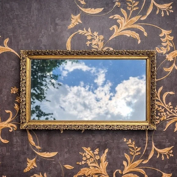 Vintage Estate Ornate Brass Footed Mirrored Vanity Tray