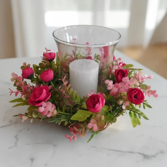 Pink ranunculus Mini Wreath, Candle Ring, Cottagecore, Farmhouse Spring Summer