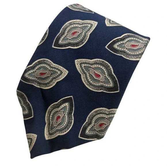 Oscar de la Renta Couture Navy Blue Geometric‎ Medallion Silk Necktie 58x3.75