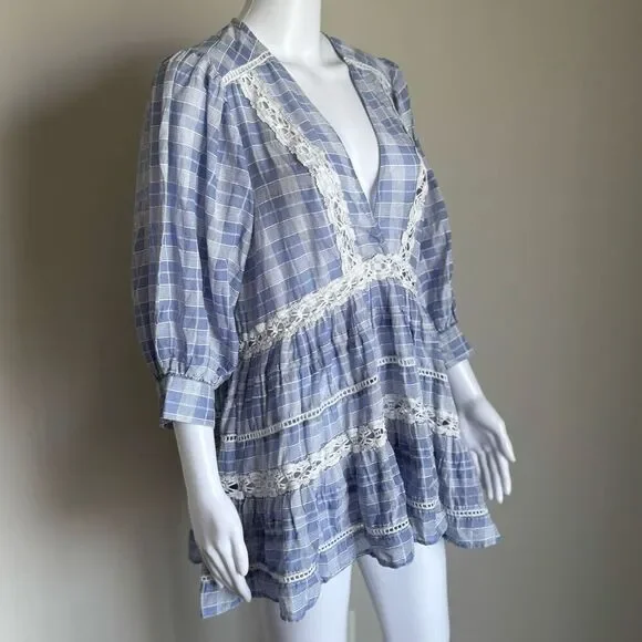 Free People Boho Lace Crotchet Plaid Puff Sleeve Top