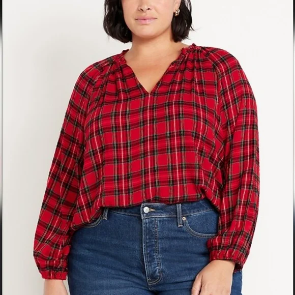 OLD NAVY Pullover Peasant Top Women 2X Red Buffalo Plaid Puff Sleeves V-neck New