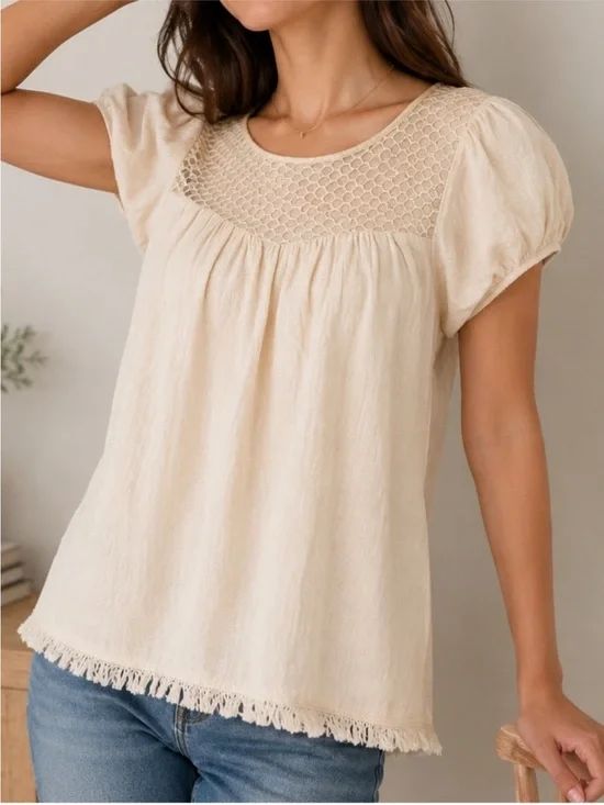 Free People blush peach crochet yoke puff slv tp WM S boho peasant babydoll