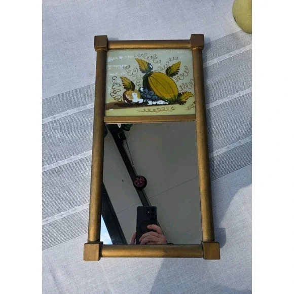 VTG 10x19.5 Gold Wood Wall Mirror‎ Reverse Painted Fruit Rustic Cottage