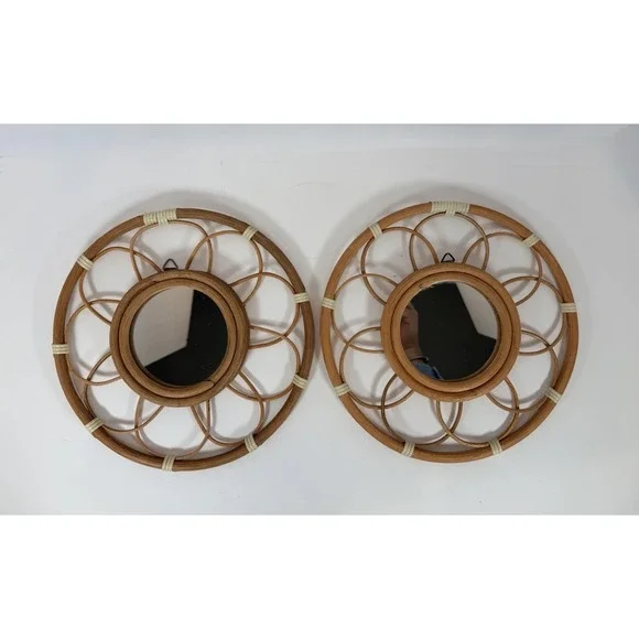Rattan Mirror Set of 2 round‎ Swirls Boho Style Mirror Beach house Decor  9.5