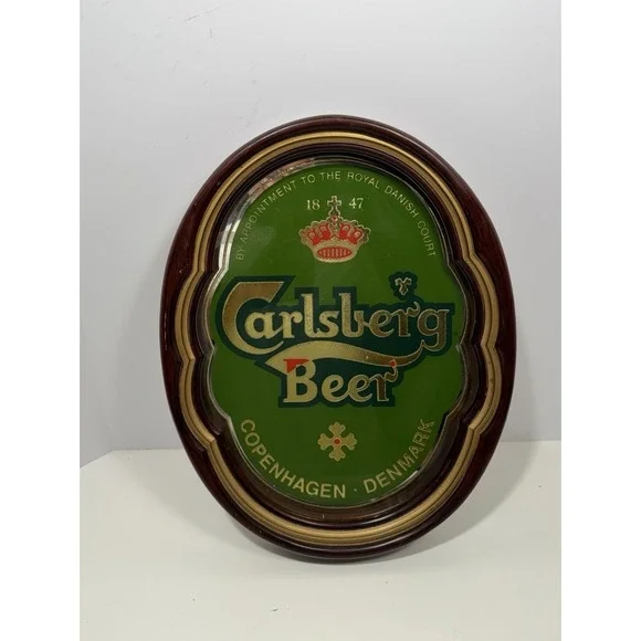 Carlsberg Beer Sign Mirror with Wood Frame Copenhagen Denmark Vintage 1990