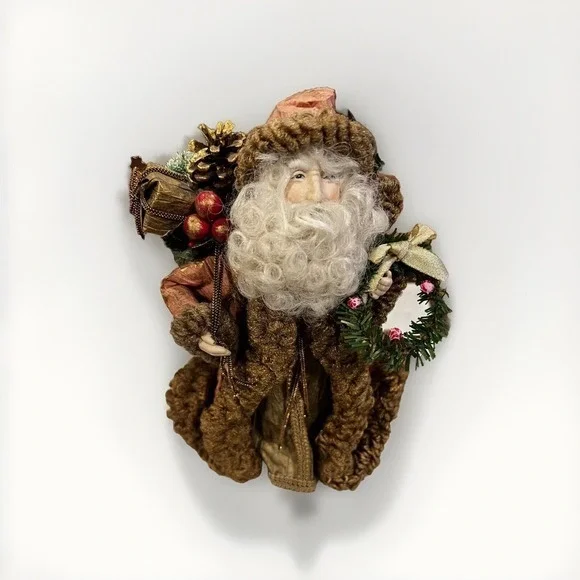 VINTAGE‎ VICTORIAN SANTA FABRIC FATHER CHRISTMAS w/wreath & Bag