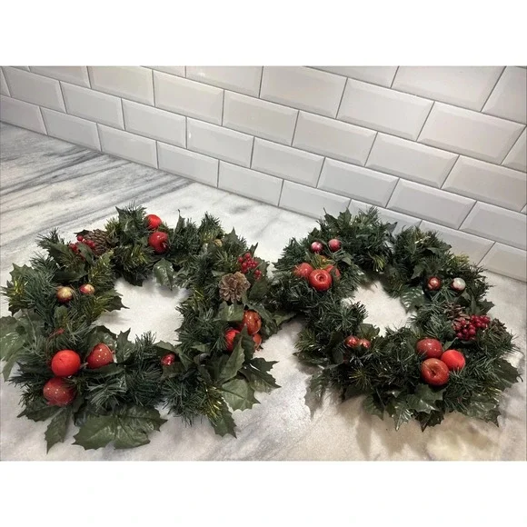Pair Of Vintage Holiday Wreaths/candle Rings With Apples/berries/pine‎ Cones