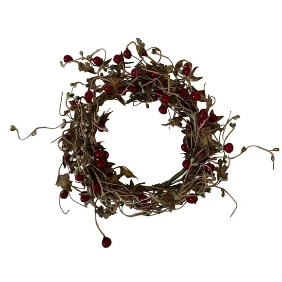 Rustic Berry Leaf Candle Ring Wreath Autumn Fall Decor 8