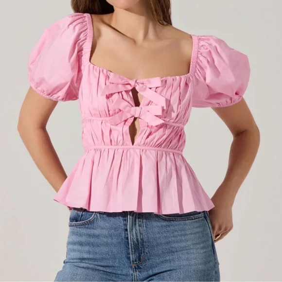 Astr The Label Smocked Pink Puff Peplum Sleeve Blouse Size S Cottagecore Boho