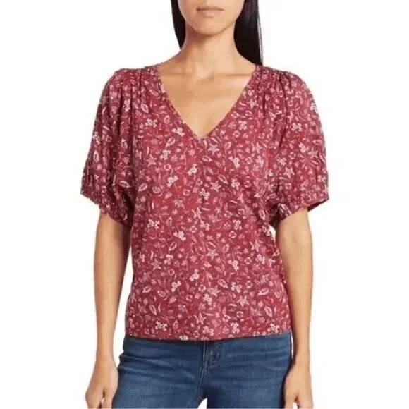 Madewell Weathered Brick Floral V-Neck Puff Sleeve Top Women's Size Small
