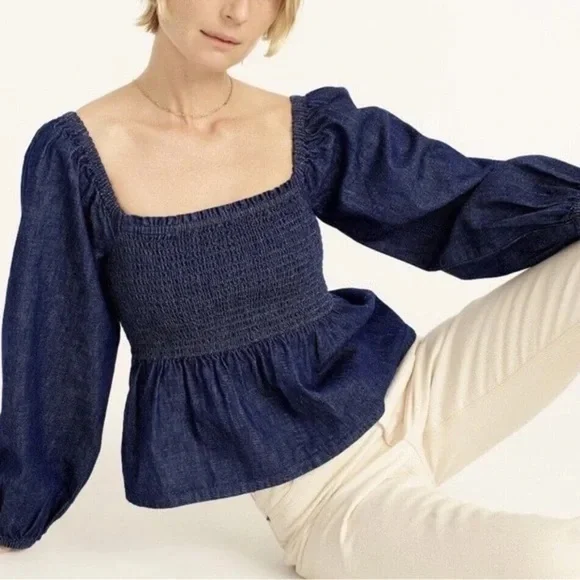 J Crew Long Puff Sleeve Chambray Top Dark Wash Smocked Top