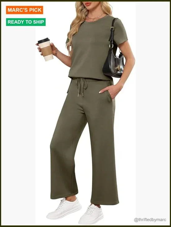 Loose Fit Two Piece Lounge Set Short Sleeve Wide Leg Tracksuit
