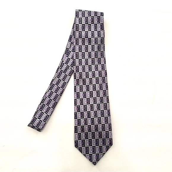 Martin Wang 100% Silk Men’s Tie Black Silver Purple Geometric Size O/S