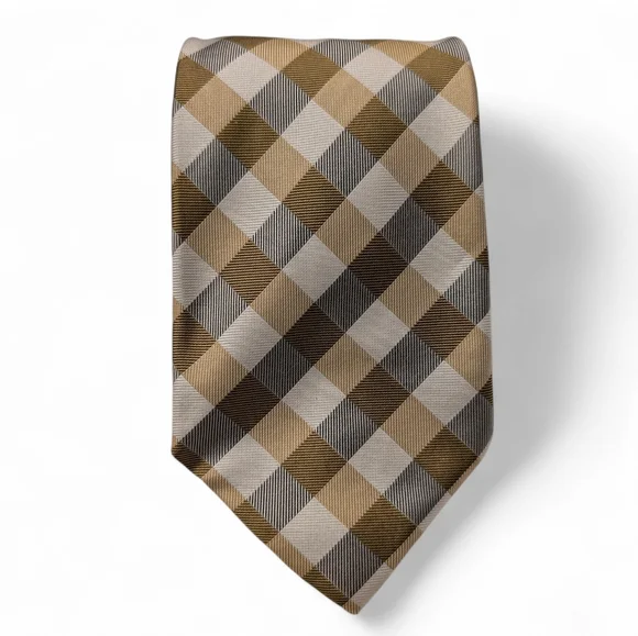 LANDS END Vintage Silk Tie Long Tan Cream Check Necktie Classic