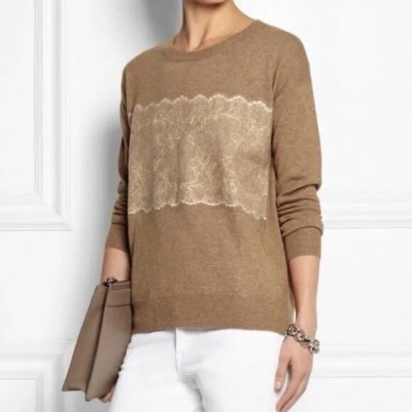 J.Crew Needle Punch Lace Panel Camel Sweater Small Wool Blend