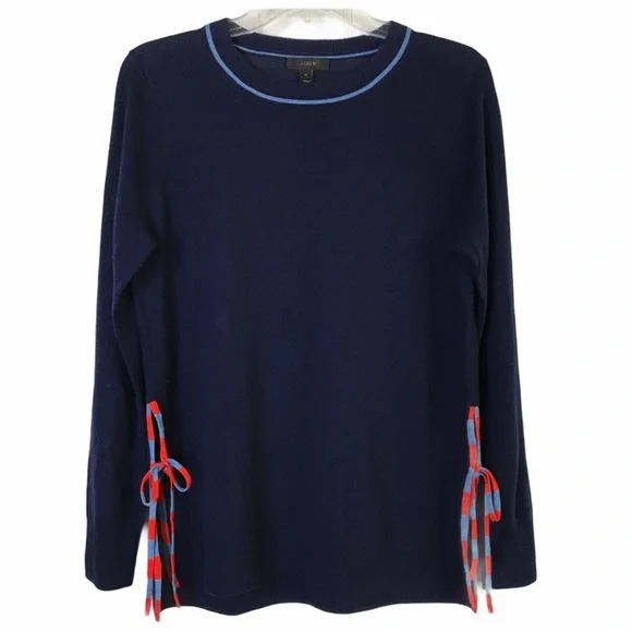 J. CREW Merino Wool Navy Sweater Side Slit Ties Size M