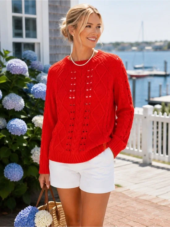 J. CREW Orange/Red Cable Knit Preppy Coastal Crewneck Sweater, M