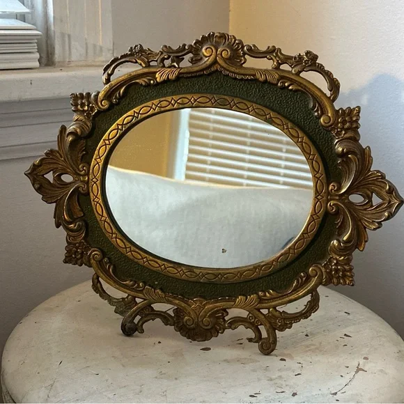Antique MIRROR Baroque French vanity free standing solid Brass with green detail