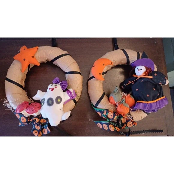 Lot of 2 vtg Halloween homemade wreath folk art ghost boo witch broom. Cute