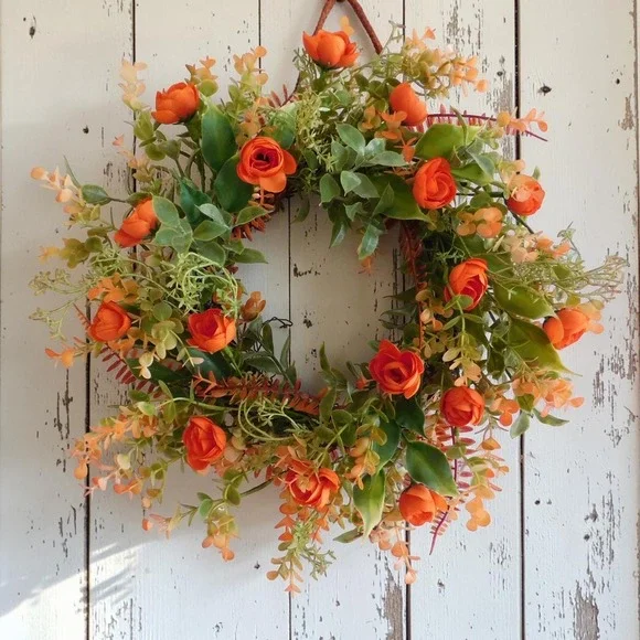 Late Summer Early Fall Small Wreath, Fall Decor Orange Flowers Housewarming gift