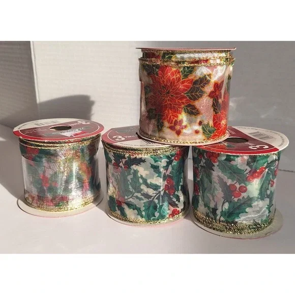 Mixed lot of 4 rolls holiday Time wired xmas ribbon 2.5 inch x 9 feet each‎