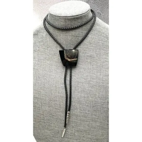 BOLO Black Lather/Faux Lathers? Glass/Stone? Pained Art Necklace Western