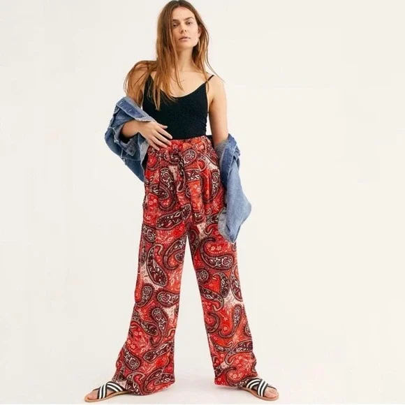 Free People Wide Leg Pants Women's Size Small Red Orange Paisley Print