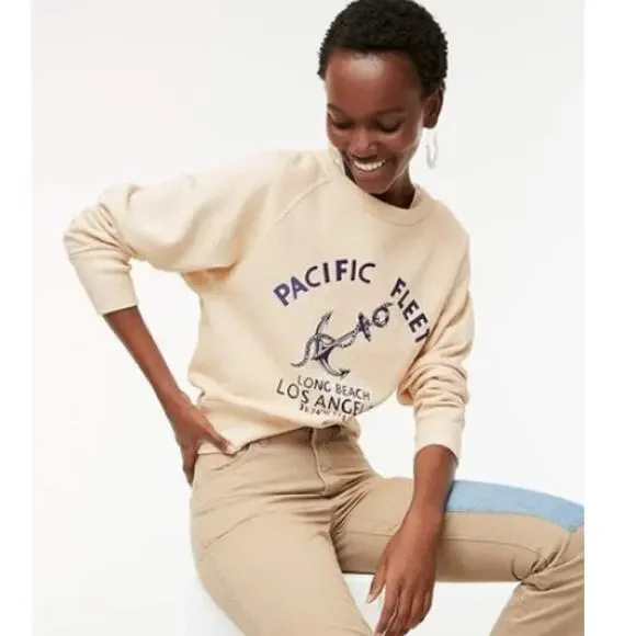J. Crew Garment Dyed Pacific Fleet Cream Crewneck Sweater Small