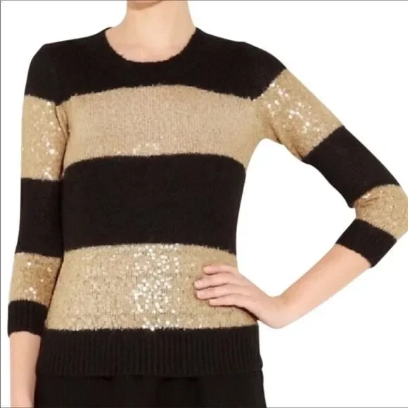 ‎J. Crew Sequin Sweater, Black Gold Stripe Sequin Crew Sweater XS