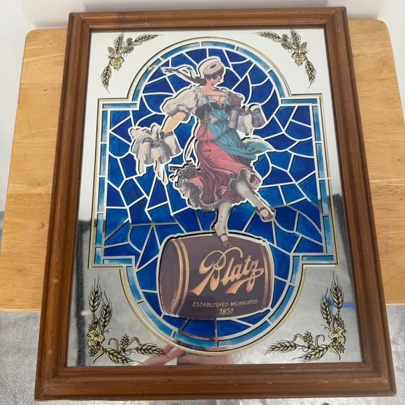 Blatz Beer Bar Mirror Vintage 15x19 Brown Stained Glass Style Girl Barrel Decor