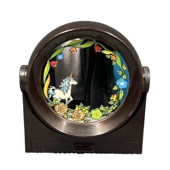 VTG 70's Yaps Brown Lucite Mirror‎ Unicorn Floral Music Box Small Drawer RARE