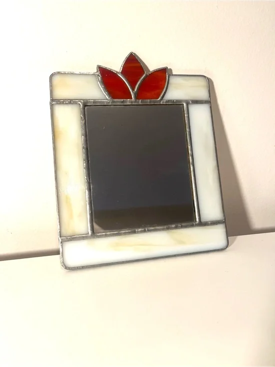 Stained Glass Mirror with Red Floral Accent
