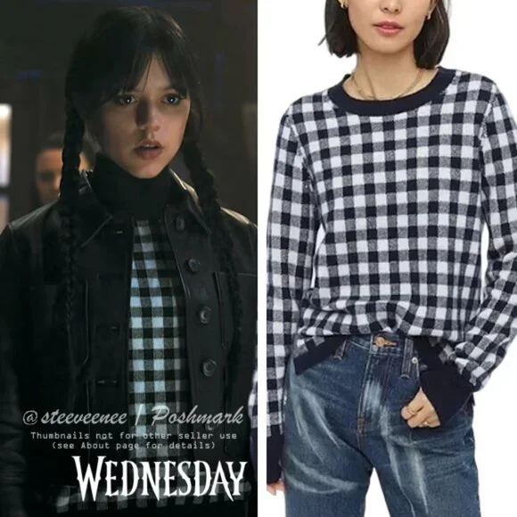 J. Crew Navy Cashmere Gingham Sweater ASO Wednesday Addams