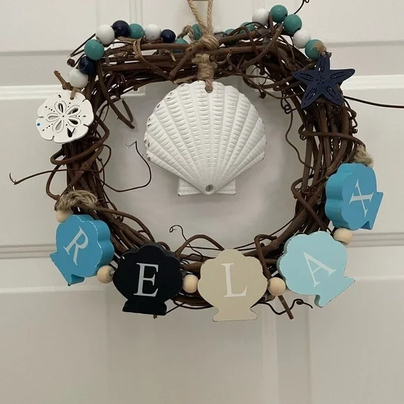 Coastal “Relax” Grapevine Wreath with Shell Accents