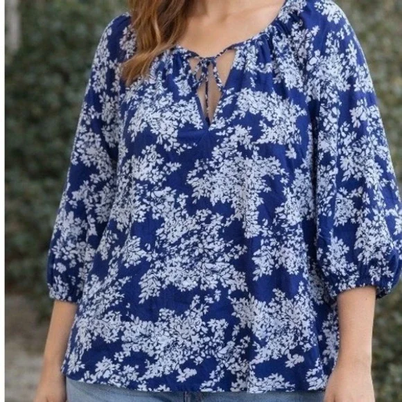 Abercrombie Fitch Size Xl Women Jade Blue‎ White Floral Print 3/4 Sleeve Boho