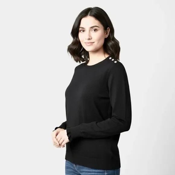 J. Crew Black Cotton Ruffle Rhinestone Sweater Size Large