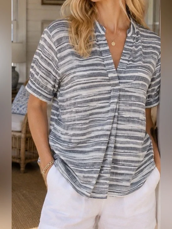 J.Crew Gray White Striped Cotton Popover Tunic Blouse Size S Gauze