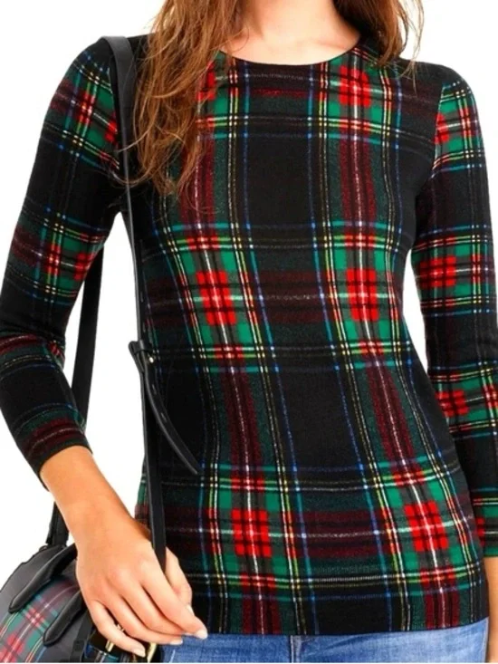 J. Crew Tartan Plaid Merino Wool Lightweight 3/4 Sleeve Sweater