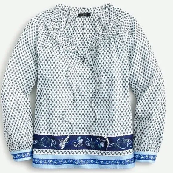 J.CREW white with blue ribbon block print tie-front ruffle top S