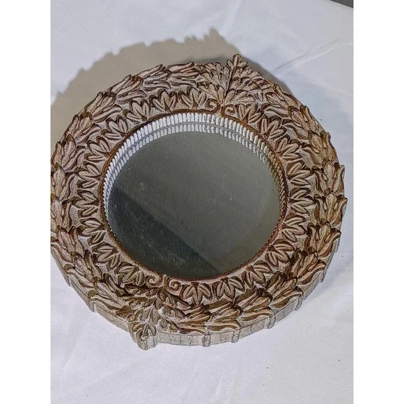 Brown Round 12 Inch Accent Wall Mirror Distressed Resin‎ Floral Shabby Decor