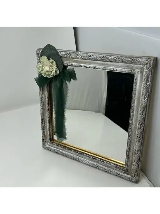 Hand Painted & Distressed Mirror Paper Rose & Green Chiffon Bow
