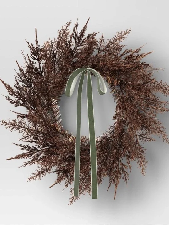 22” Rustic Copper Cedar Holiday Wreath with Green Velvet Ribbon