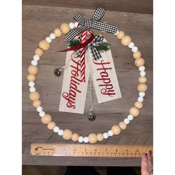 Rustic Beaded Christmas Wreath Happy Holidays Bell Decor