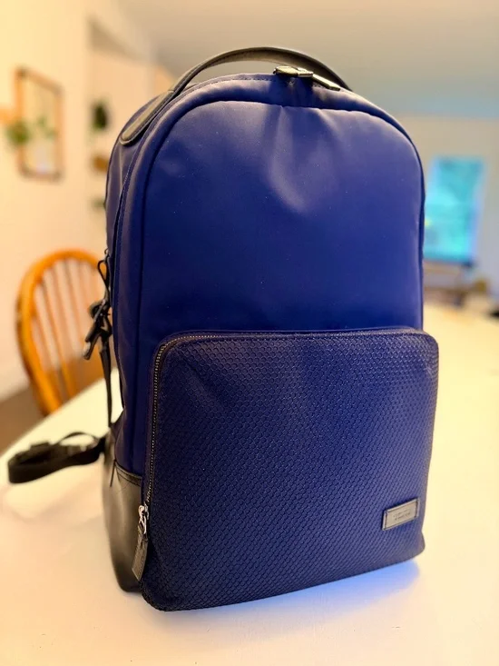 TUMI Harrison Navy Blue Backpack Laptop Business Travel Bag Leather Trim Carry-O