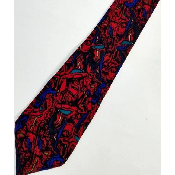 J. Garcia Mens Necktie Abstract Red Blue Silk Tie Hand Sewn In USA
