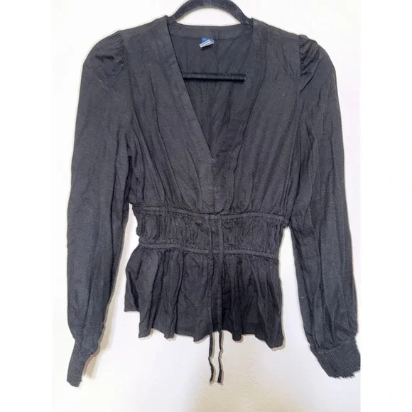 Old Navy Black Long Sleeve Peplum Blouse‎ V Neck Cinched Waist Tie Front Size S