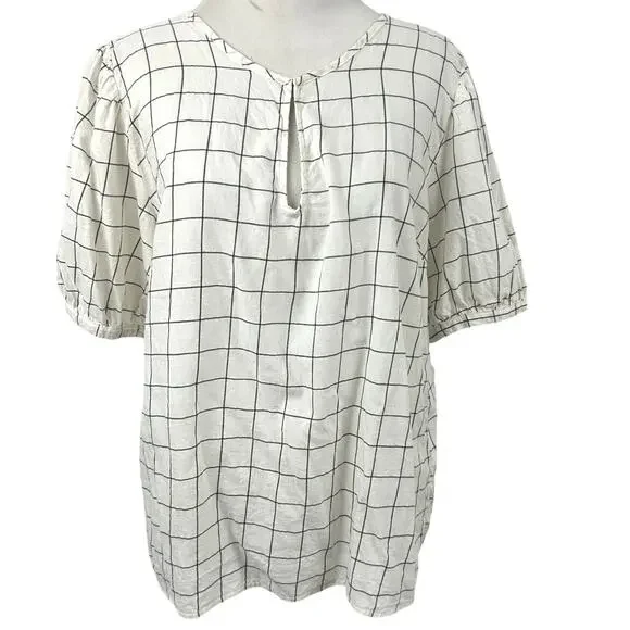 Old Navy Windowpane Grid Blouse Ivory Black Puff Sleeve Keyhole Top M