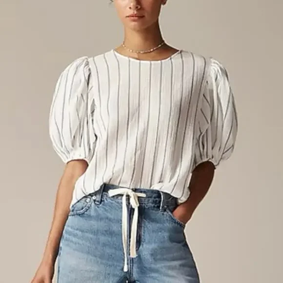 J.Crew Puff Sleeve Stripe Sheer Gauze Ivory Top Size Medium NWT