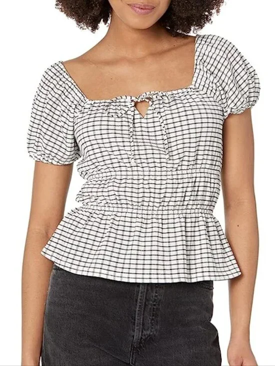 Madewell #NJ808 Omaha Black & White Gingham Puff Sleeve Bouse Medium